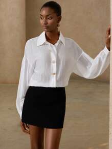 Zanirela Simple Artistic Collared Button Front Mid-Length Long Sleeve Shirt For Women Fall Cloth For Women - White - View 4