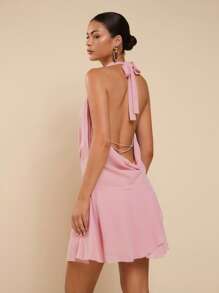 COSMINA Women's 3D Floral Decor Draped Neck Sexy Halter Mini Dress, Summer - Pink - View 2