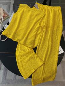 SHEIN Clasi 2件套钩针蕾丝镂空针织阔腿裤套装女士春夏 - 黃色 - 查看 2