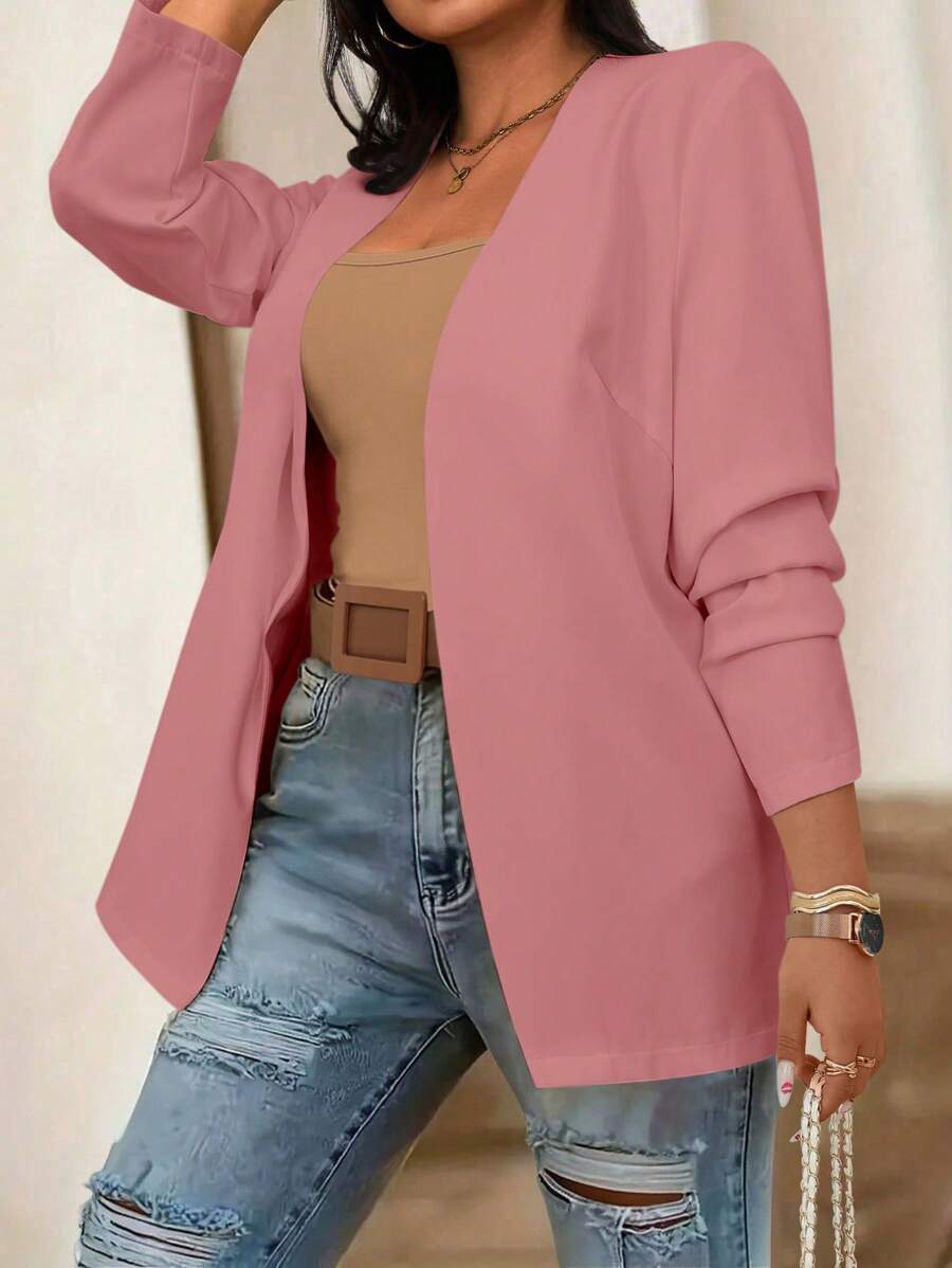 SHEIN LUNE 大码女式纯色长袖开襟休闲夹克 - 粉色 - 查看 1