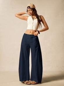 Easelle Navy Blue Woven Wide Leg Barrel Leg Pants For Women Linen Pants For Women Cotton Pants Women,Fall - Navy Blue - View 5