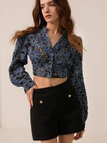 Aveloria Refined Elegant Commuter Women's Shirt, High-End Design With Embroider, V-Neck, Waist Cinching, Flattering Lantern Sleeve, Short Style Fall Cloth For Women - Multicolor - View 3