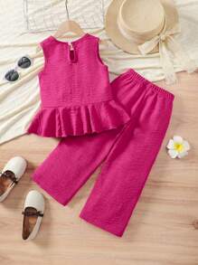 女孩休闲基本款荷叶边无袖衬衫上衣 + 阔腿长裤 2 件套服装套装，适合姐妹穿