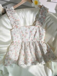 SHEIN EZwear 女式碎花休闲荷叶边下摆背心，夏季 - 彩色 - 查看 4