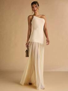SHEIN BAE Đầm dài thanh lịch màu mơ cổ bất đối xứng khóa kim loại trang trí bó sát viền trong suốt, đầm đi nghỉ, đầm sinh nhật, đầm mùa hè cho nữ, đầm dự tiệc cưới cho nữ, trang phục đi biển cho nữ - Màu be - Xem 3