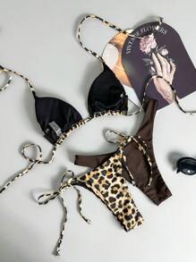 Swim Vcay 3pcs/Set Halter Sexy Leopard Bikini With Criss-Cross Straps, Detachable Set For Summer Beach Vacation - Multicolor - View 2