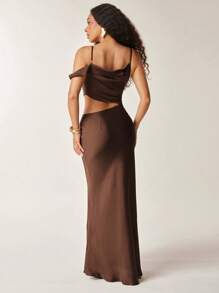 Vixey Off Shoulder Cut Out Solid Satin Mermaid Hem Maxi Dress, Summer Dresses For Women, Summer Dresses For Women, Summer Outfits For Women, Dresses For Women Summer, Summer Clothes For Women, Wedding Guest Dress