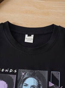 FRIENDS X SHEIN Heymoonly Camiseta de manga corta casual de cuello redondo suelta con gráficos de letras y caracteres para hombre de verano
