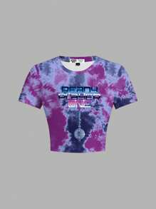 READY PLAYER ONE X SHEIN Camiseta de Manga Curta com Decote Redondo, Estampa de Tie-Dye e Letra para Mulheres - Branco - Visão 2