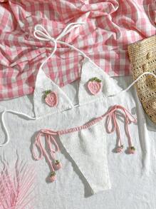 Swim Mod 2pcs/Set Vacation Embroidery Front Buttons Short Sleeve Blouse & Drawstring Waist Shorts For Summer - White - View 1