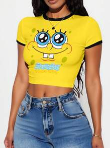 SpongeBob SquarePants | SHEIN 女式撞色装饰卡通图案圆领短袖修身T恤