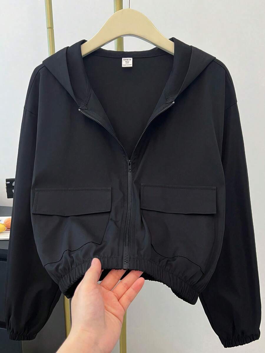 SHEIN 少女纯色贴袋宽松休闲连帽外套,秋季,万圣节,荧光色,假日/返校/开学第一天/万圣节,荧光色,秋季,冬季,秋季 - 黑色 - 查看 1
