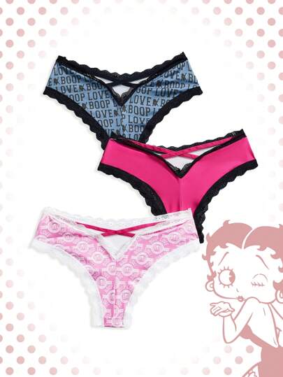 Betty Boop | ROMWE 3pcs/Set Letter Graphic Contrast Lace Hollow-Out Women Thong Underwear