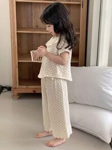 DAZY 小女孩波尔卡圆点荷叶边领直筒睡裤，家居服，女孩夏季服装 - 藍白色 - 查看 4