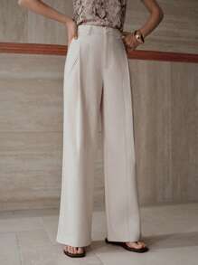 MOTF PREMIUM Pantalones anchos de pierna ancha con bolsillos sesgados plisados sólidos - Beis - Ver 8