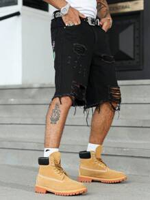 Manfinity EMRG 男士夏季休闲纯色破洞牛仔短裤 - 黑色 - 查看 1