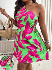 Breezaya Váy một vai nhún bèo họa tiết lá mùa hè cỡ lớn, trang phục đi nghỉ - Nhiều màu - Xem 1