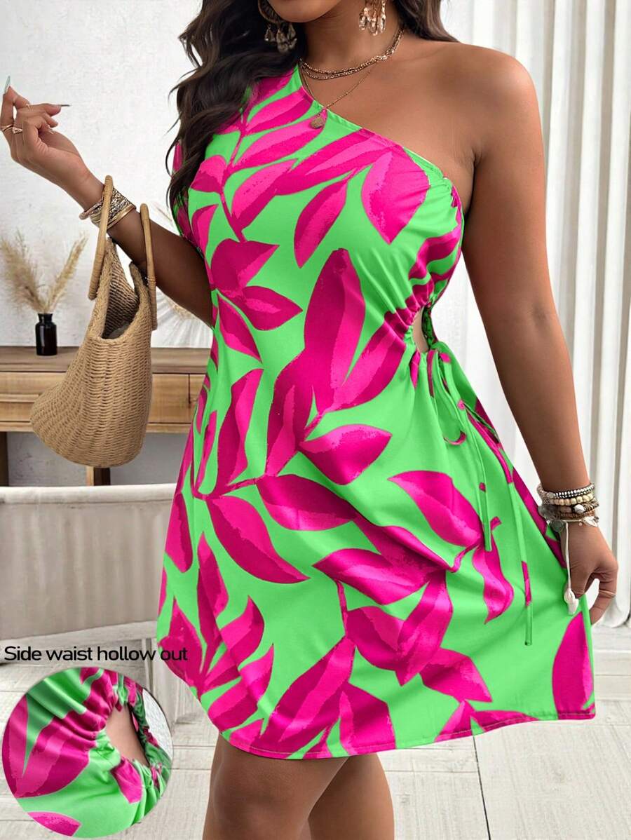 Breezaya Váy một vai nhún bèo họa tiết lá mùa hè cỡ lớn, trang phục đi nghỉ - Nhiều màu - Xem 1