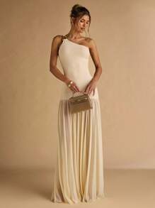 SHEIN BAE Đầm dài thanh lịch màu mơ cổ bất đối xứng khóa kim loại trang trí bó sát viền trong suốt, đầm đi nghỉ, đầm sinh nhật, đầm mùa hè cho nữ, đầm dự tiệc cưới cho nữ, trang phục đi biển cho nữ - Màu be - Xem 1