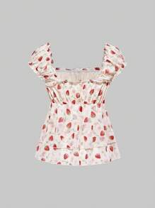 ROMWE Kawaii 女式可爱草莓印花泡泡袖方领洋装搭配蝴蝶结T恤 - 白色 - 查看 2
