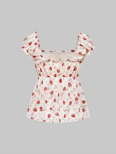 Kawaii Vestido con cuello cuadrado de mangas abullonadas con estampado de fresa y moño de cinta - Camiseta de mujer