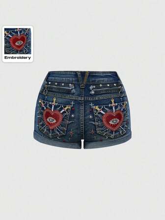 Fairycore Gothic Victorian Style Women Denim Shorts With Heart, Crystal Teardrop, Stud And Star Embroidery Decoration