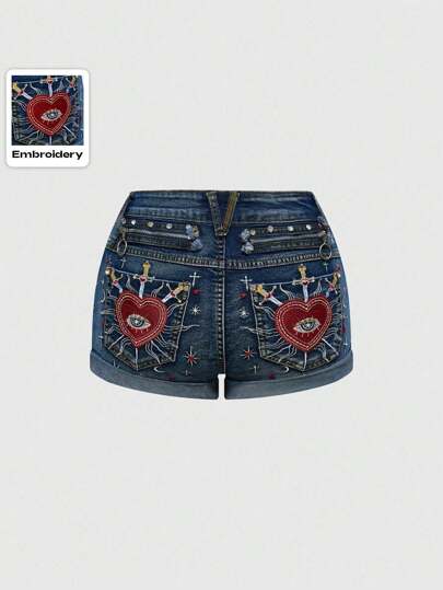 Fairycore Short de mezclilla estilo gótico victoriano de mujer con decoración bordada de corazón, lágrima de cristal, remaches y estrellas