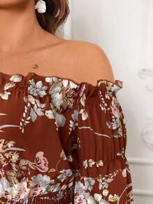 SHEIN VCAY Plus Size Off-Shoulder Long Sleeve Floral Print Maxi Dress, Vacation Style - Burnt Orange - View 3