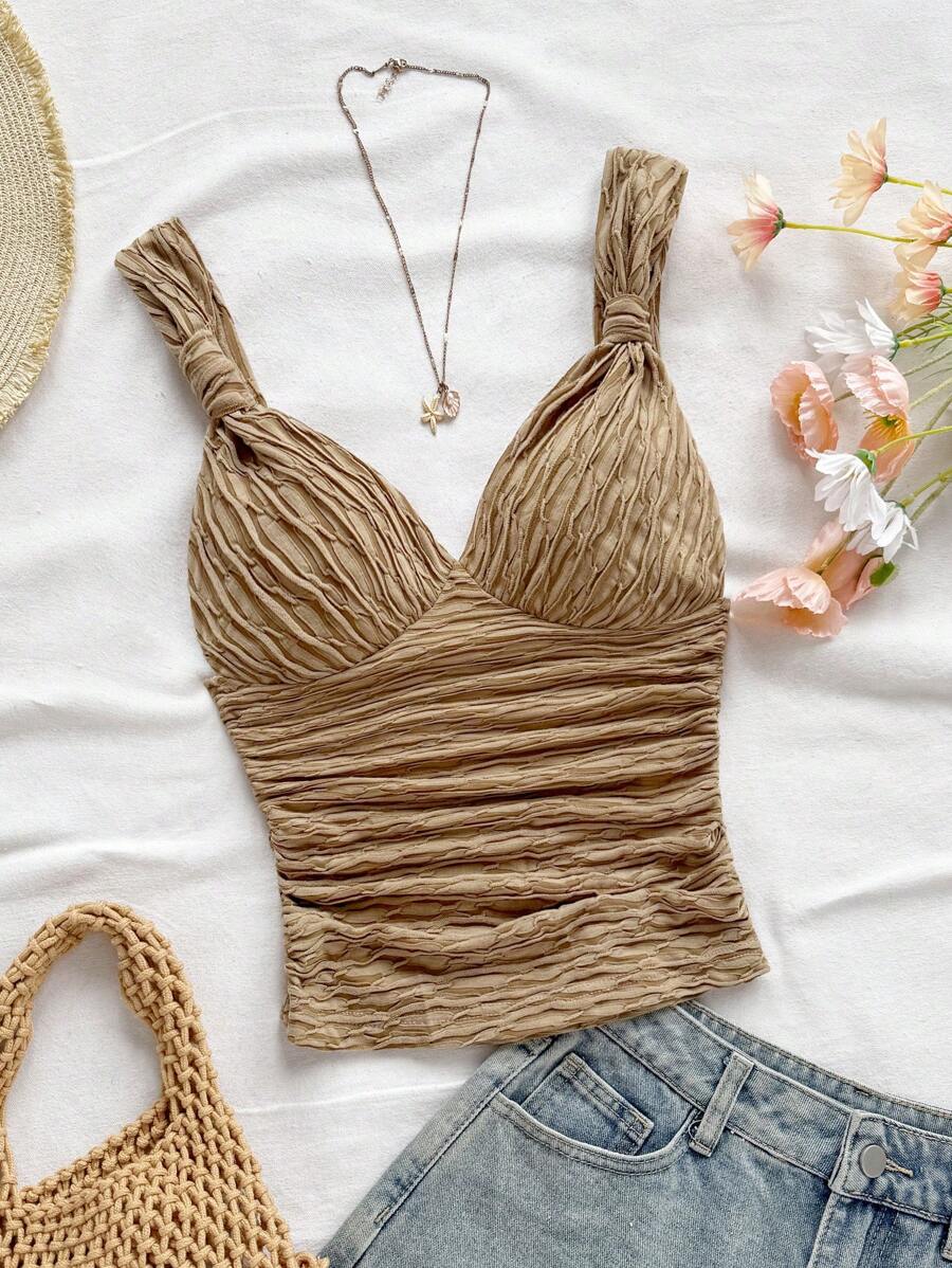 Soleia Women's Resort Ivory Knitted Texture V-Neck Adjustable Strap Fitted Ruched Back Tank Top, Suitable For Party, Date, Afternoon Tea, And Beach Vacation Ruched Top Tan Tops Women Light Brown Top Coffee Brown Top Earthy Tops