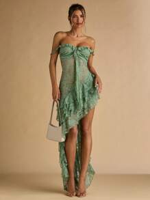 SHEIN BAE Robe verte à fines bretelles pour femmes, avec encolure drapée, dos nu, volants et garniture en dentelle florale 3D. Robe élégante pour vacances à la plage, robe d'été