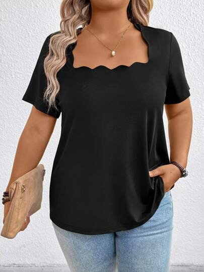 EMERY ROSE 大码女式夏季纯色方领短袖休闲T恤