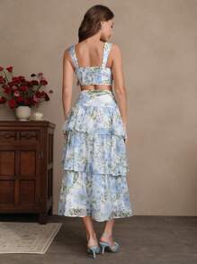 SHEIN Unity Trang phục dự tiệc cocktail theo phong cách nghỉ dưỡng bãi biển mùa hè gồm áo yếm xếp ly thêu hoa kỹ thuật số màu xanh lam phía trước và phía sau, kết hợp với chân váy xếp tầng - Bộ 2 món - Màu xanh lam - Xem 2