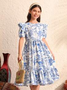 SHEIN 青少女編織迎景圖案泡袖寬鬆休閒裙,圓領款式 - 淺藍色 - 查看 7