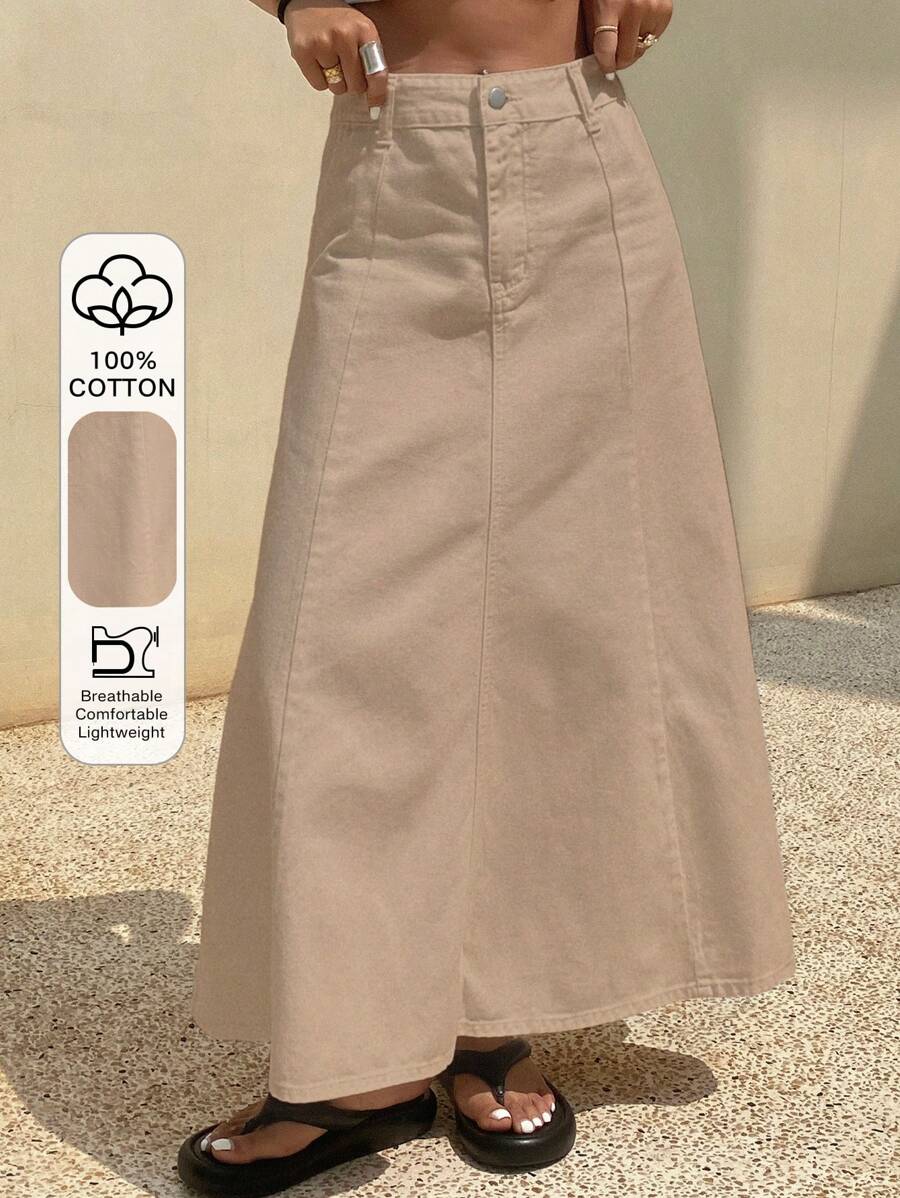 DAZY Plain A-Line Long Casual Denim Skirt For Women,Back To School Clothes Jeans Skirt Vacation Outfits Women - Apricot - View 1