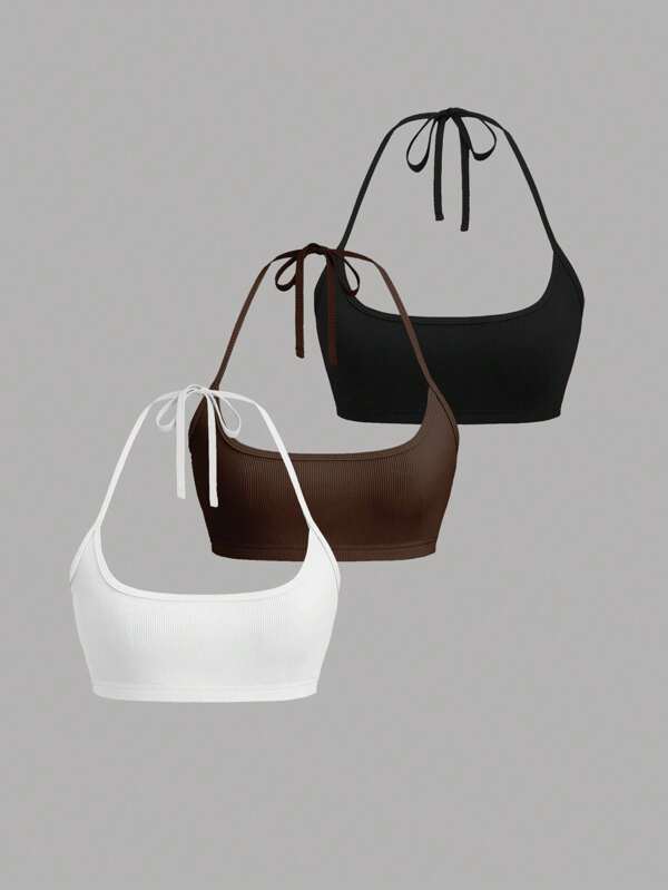 EgrlEra 3pcs Women's Sexy Solid Color Ribbed Cropped Halter Tops, Summer