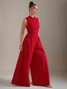 Hauture Extreme Wide Leg Zip Front Sleeveless Jumpsuit - Red - View 3