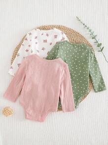 Cozy Pixies 3er Set Baby Mädchen Blumen Muster Weich Gestrickt Rundhals Kurzarm Volant Druckknopf Schlafanzug Set Grafik Herbst Winter