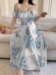 Modelyn Women Mesh Print Off-Shoulder Ruffle Hem Flowy Dress, Summer Casual - Blue - View 6
