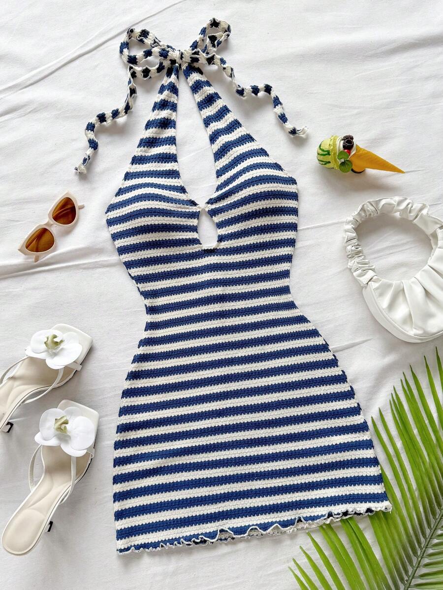 Soleia New Vacation Red Knit Striped Halter Backless Mini Dress - Blue and White - View 1