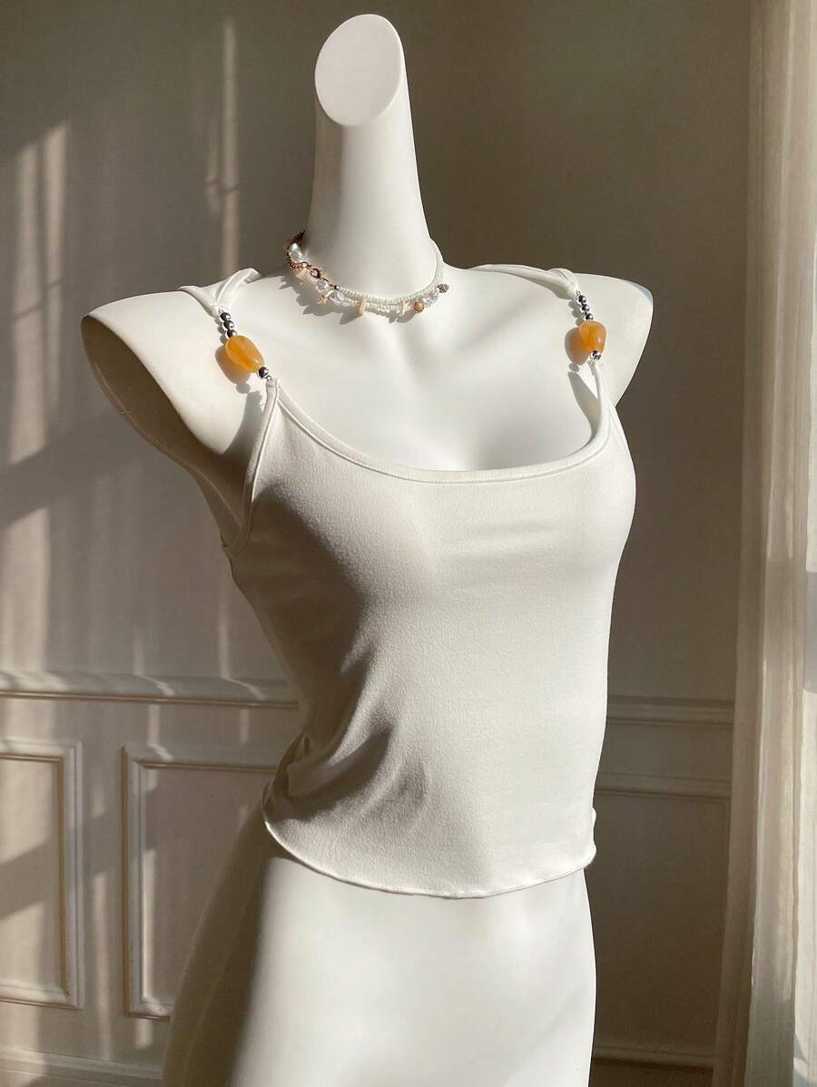Comfortcana Blusa blanca de punto elástica y ajustada con cuentas y espalda descubierta, ideal para el verano, vacaciones en la playa, graduación y festivales de música - Blanco - Ver 1