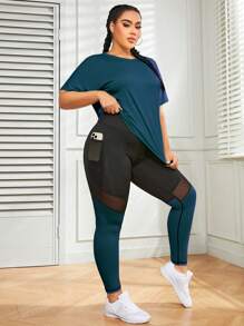 Easithlete 大码女式纯色圆领蝙蝠袖T恤和网眼拼布运动裤套装 女士健身套装