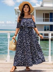 SHEIN LUNE Long Off-The-Shoulder Boho Dress With Flower Print For Plus-Size Women In Summer Vacation Outfits Dress,Summer Dresses For Women,Maxi Dress