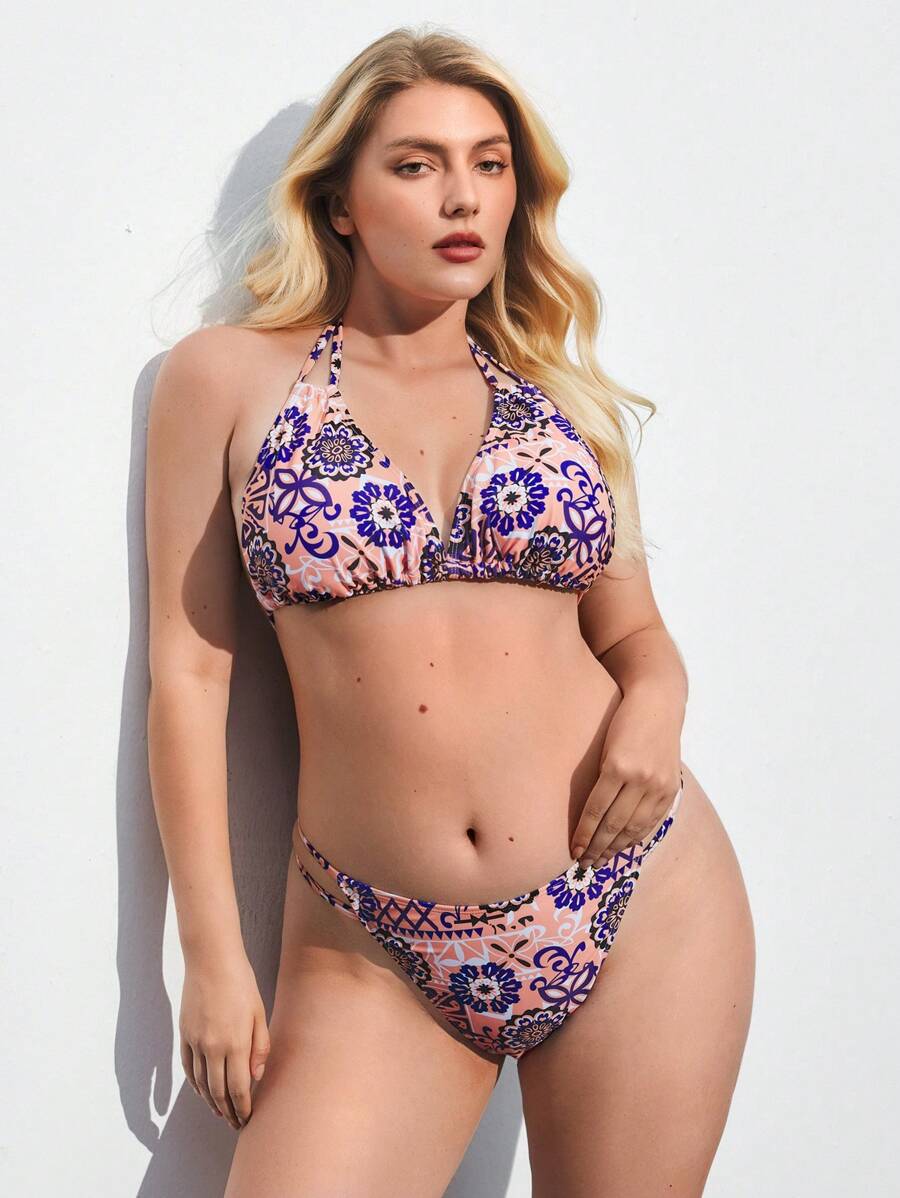 Maija Maillot de bain bikini à fleurs avec nœud pour femmes grandes tailles, pour vacances et plage d'été - Multicolore - Voir 1