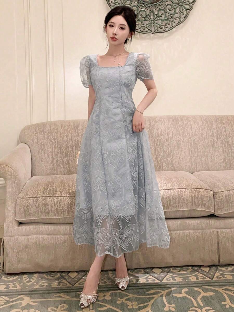 DAZY 女士时尚优雅方领泡泡袖收腰返校节礼服，婚礼舞会礼服