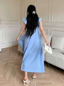 Feyla 盖袖蕾丝边镂空宽松休闲日常百搭夏季连衣裙 - 藍色 - 查看 6