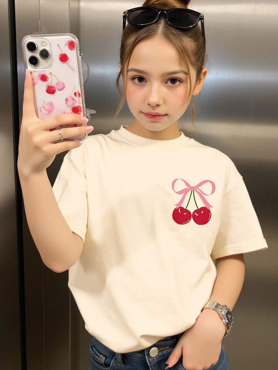 少女可爱迷你蝴蝶结樱桃图案宽松蝙蝠袖短袖T恤,水果流行风,休闲度假海滩周末夏季韩版 - 彩色 - 查看 1