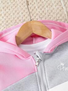 2pcs Young Girl Contrast Patchwork Hooded Zip Up Sweatshirt And Drawstring Jogger Pants Set, Outdoor Casual For Autumn/Winter Fall - Multicolor - View 7