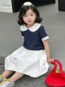 DAZY Young Girls POLO Collar Colorblock Korean-Style T-Shirt And Solid Color Skirt 2 Pieces Set,Girls Summer Outfits - Blue - View 1