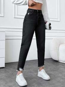 SHEIN Cottnline 100%Cotton Ladies' Distressed Frayed Hem Denim Jeans - Dark Grey - View 3