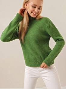 RueChic Solid High Neck Drop Shoulder Sweater - Green - View 5